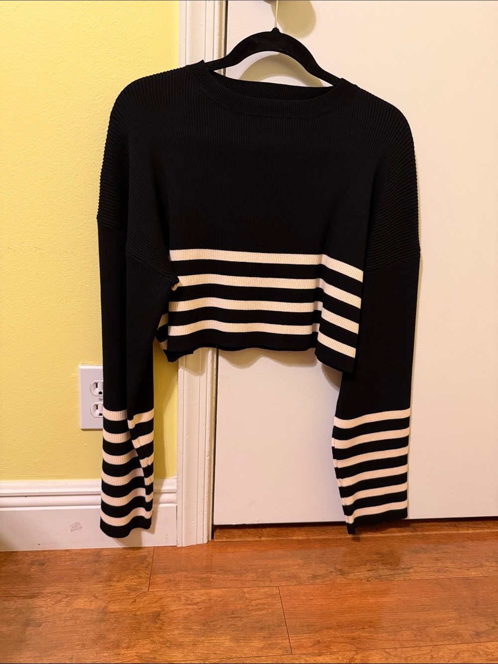 Olivaceous Black and Cream Striped Cropped Sweater